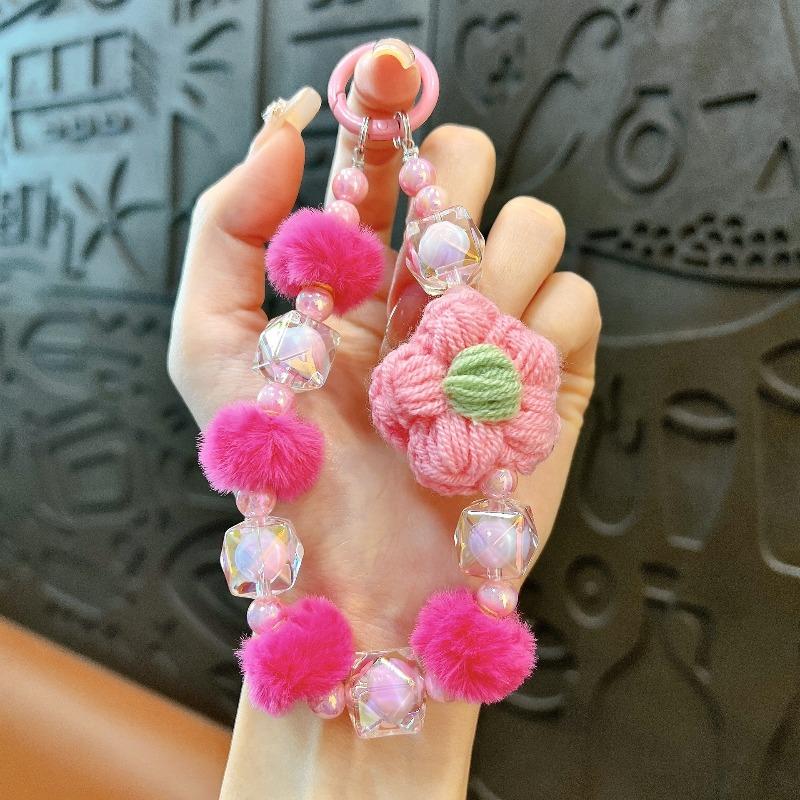 Kurze Handgemachte Wollblume Liebes Tasche Perlen Anhänger Internet Berühmtheit Handy Lanyard Tragbare Kette Lanyard