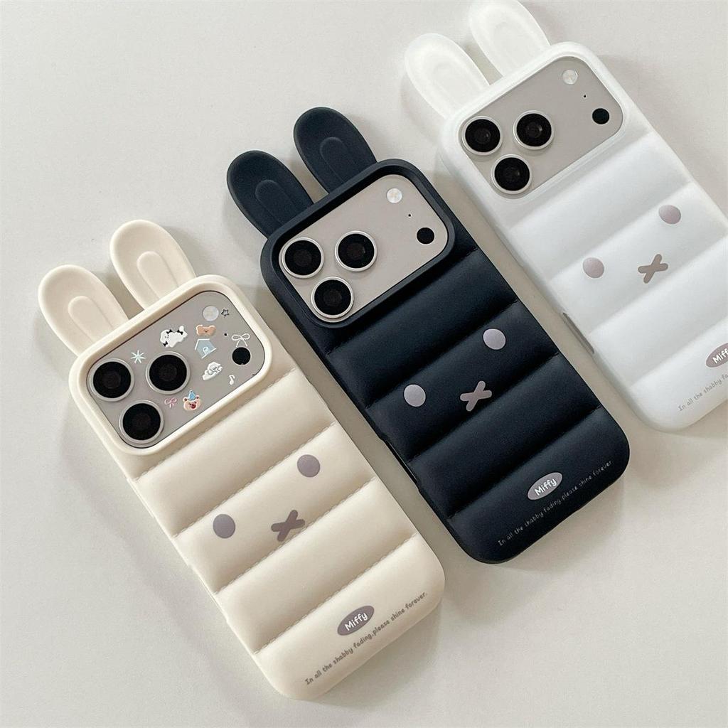 Down Feather 3D Ears Rabbit iPhone 15/16/17 Pro Max Anti-Drop Case