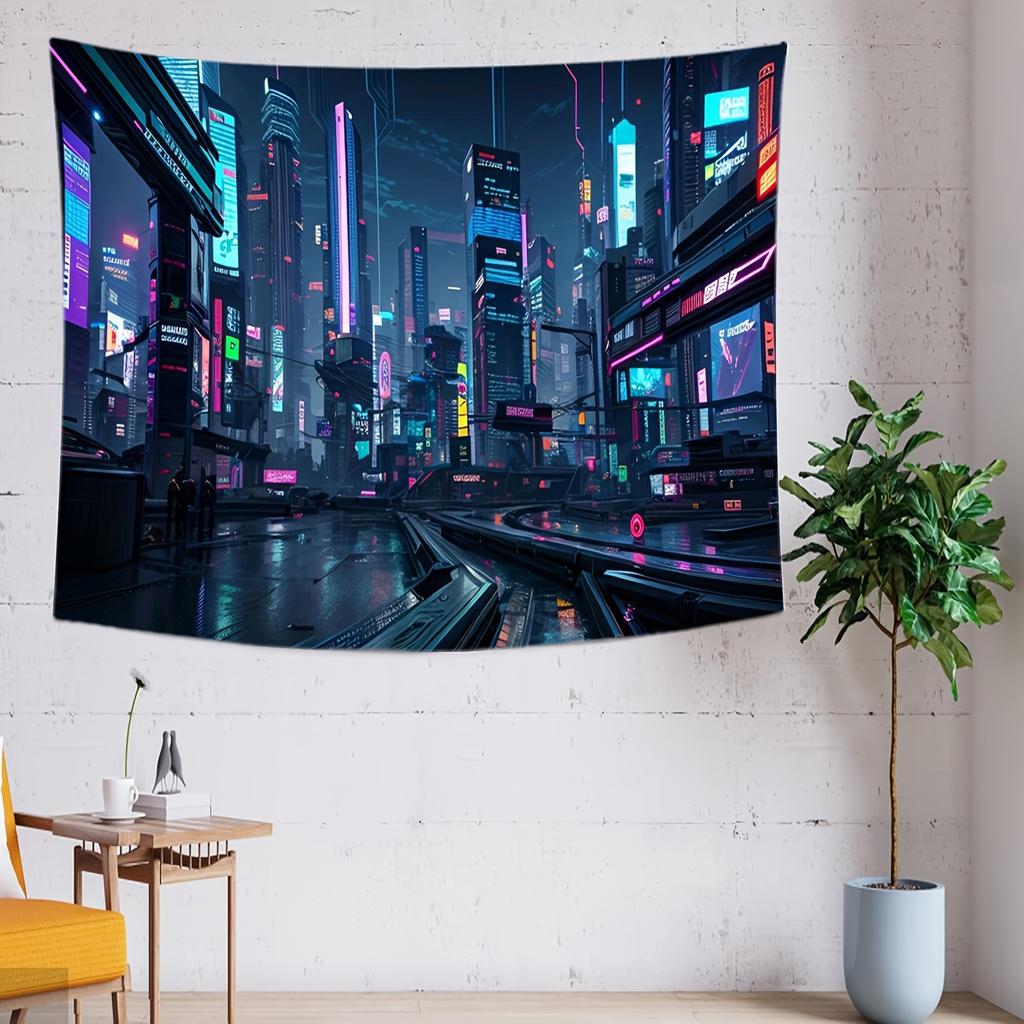 Neon Cyberpunk City Tapestry - Futuristic Art Design,Perfect Gift for Home and Dormitory,Fashionable and Unique Wall Decorations