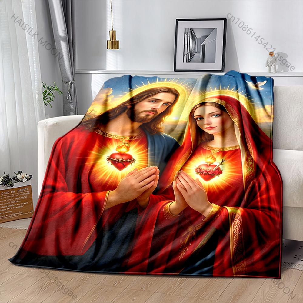 1PC Jesus, Mary, Sacred Heart Print Blanket Warm Soft Fluffy Kids Adult Sofa Bed Throw Blanket Outdoor Travel Camping RV