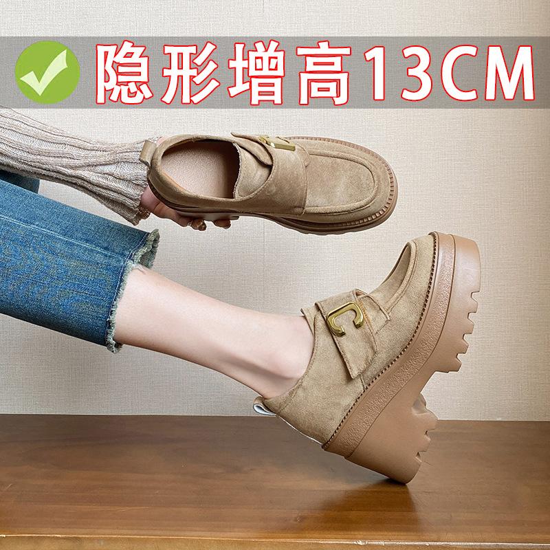 13CM small inner height increase thick-soled muffin shoes women's new retro small leather shoes one pedal loafers 33