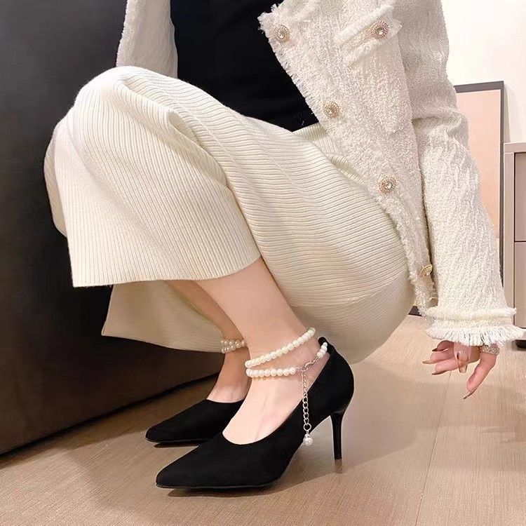 2025 new suede black high heels women's pearl non-slip stiletto pointed high-end one-word buckle fairy single shoes