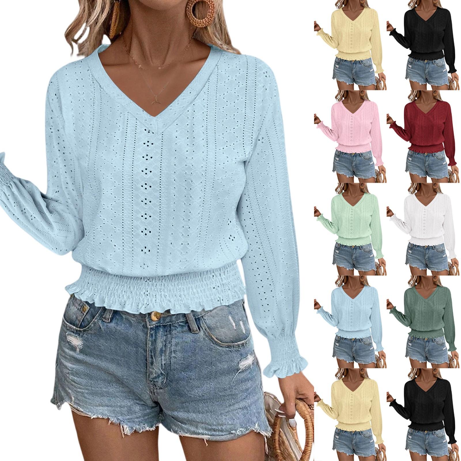 

T Shirts Long Sleeve V Neck Tees For Women Fashion Tops Lightweight Soft Casual Shirt L чорний