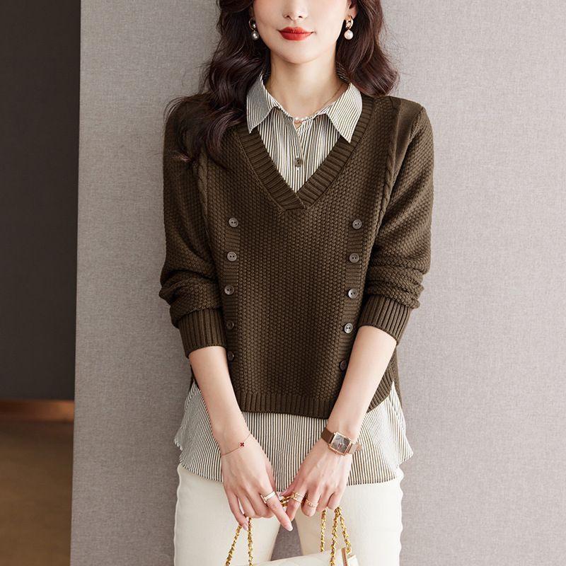 Spring Autumn Fake Two Piece Top Knitted Sweater Women's Splice Shirt Collar Korean Loose Long Sleeve Sweater Loose Base Shirt