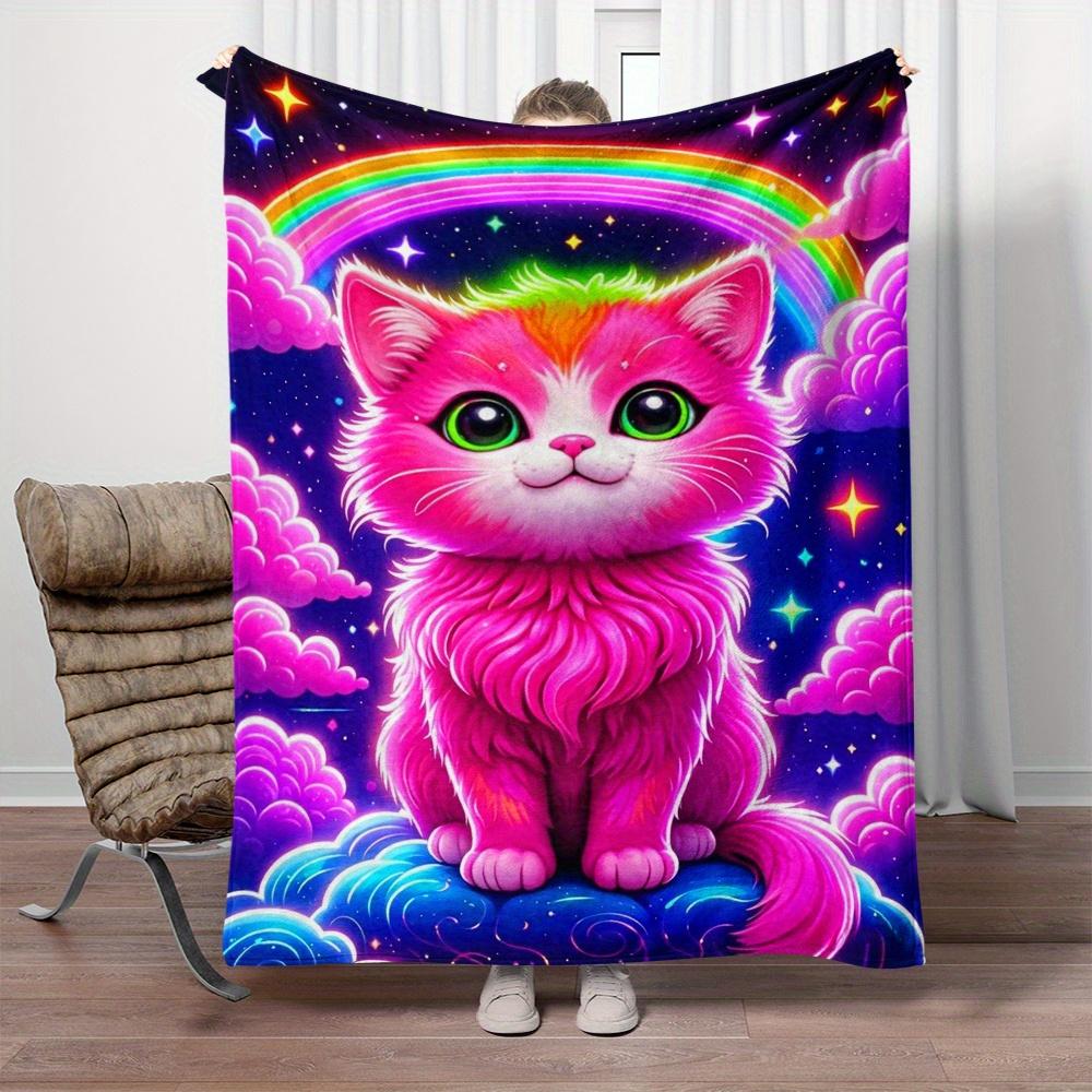 Cute Pink Cat Rainbow Galaxy Blanket Flannel Soft Throw Blanket for Kids Room Decor Dreamy Pet Animal Design Cozy Bed Covering