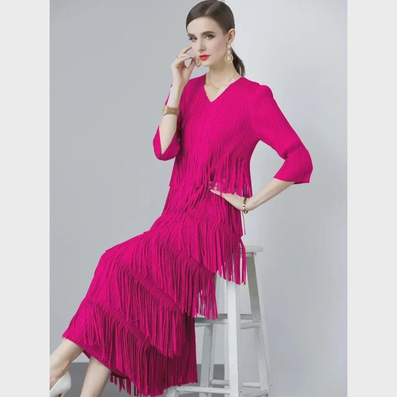 Miyake 2024 V-Neck Long-Sleeved Tassel Pleated Dress