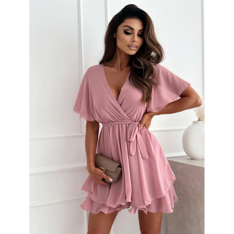 

Летнее сексуальное платье мини с V-образным вырезом, перекрещенными бретелями и шифоновой юбкой с оборками для женщин XL розовый