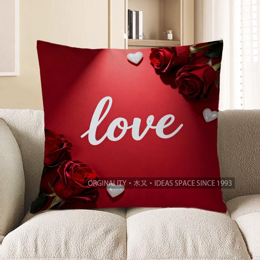 2D Red Roses & Love Heart Pattern Pillow Cover Pattern Cushion Cover Suitable For Sofa Bedroom Car Pillow Cover