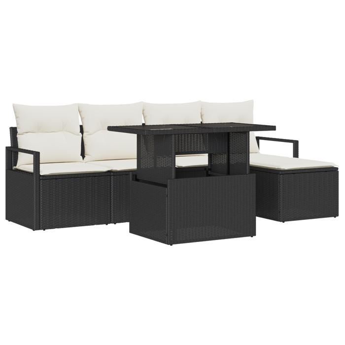 Ensemble de canapé de jardin de 6 pièces avec coussins en rattan poly noir, Canapé de jardin 2 places avec rangement 3357540