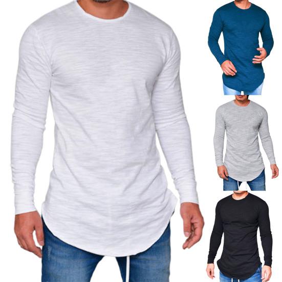 Herren T-Shirt Einfarbige Unregelmäßiger Saum Frühling Herbst Rundhalsausschnitt Langes Hemd für den täglichen Gebrauch