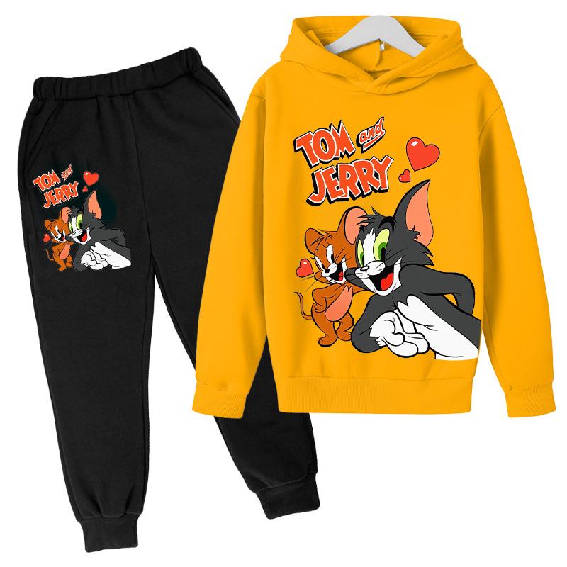 2026Autumn Casual tom jerry Cartoon Kids Boys Girls Print cool Long Sleeve Fleece Hooded Sweatshirt Long Pants Suit Festival Outdoor
