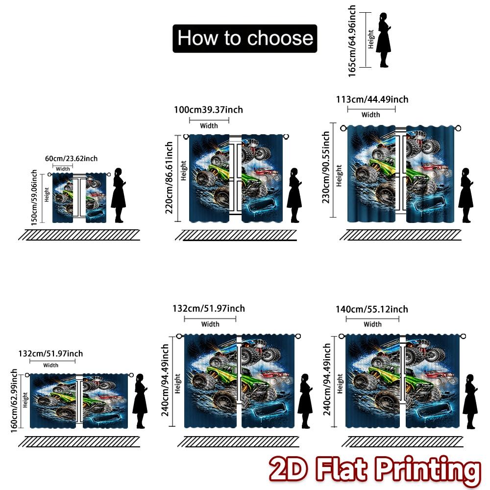 2D FLAT PRINTING 2pcs Curtains (Without Rod) Monster Truck Splashing Popular Creative Curtains Machine Washable Fabric Curtains