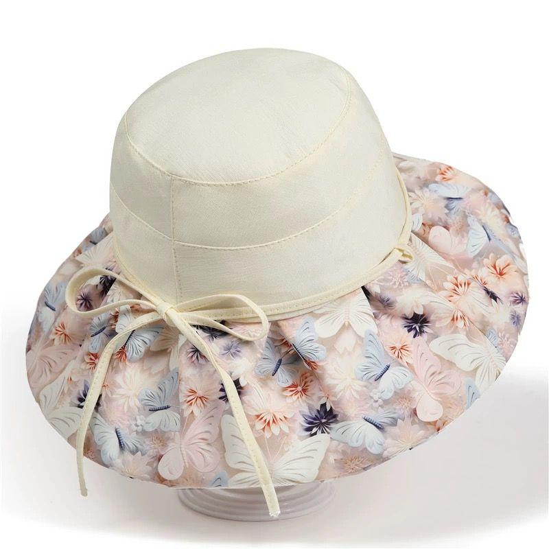 Summer Travel Big Brimmed Fisherman Hat, Women's Printed Bow Sun Hat Face Covering Beach Hat Sun Hat UV Protection