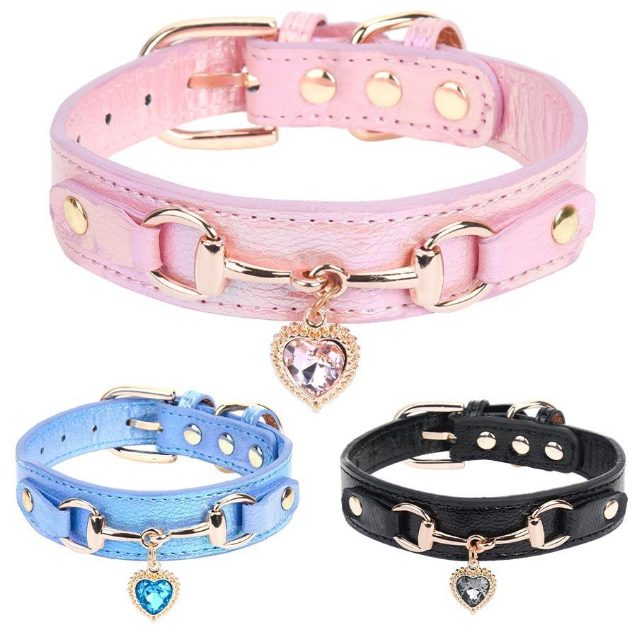 Cute Heart Rhinestone Pet Collar - PU Leather with Metal Hardware, Adjustable Neckband for Small Medium Dogs & Cats,