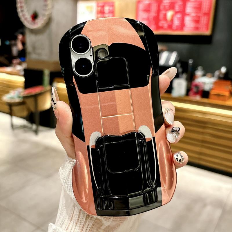 3D Car Shape Cool Glossy Phone Case For iPhone 16 Pro Max 15 Pro 14 13 12 11 Slim Hard PC Hybrid Silicone Soft Edge Shockproof Bracket Back Cover
