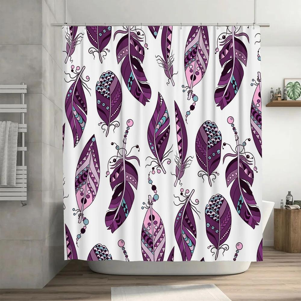 Vibrant Feather Print Shower Curtain Purple Decorative Bathroom Accessories Set for Home Decoration