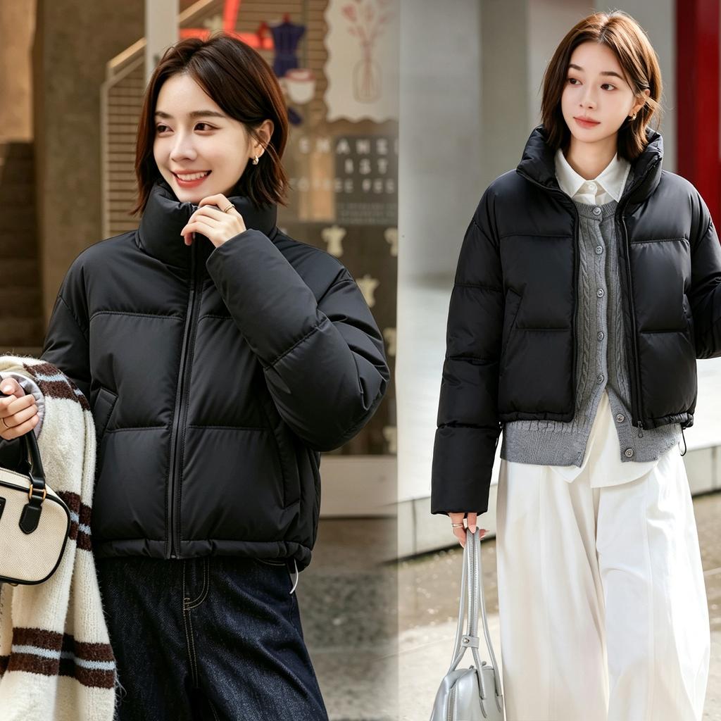 Stand-up collar down cotton-padded clothes for women's winter small men, new short loose bread clothes, cotton-padded clothes, and thick coats.