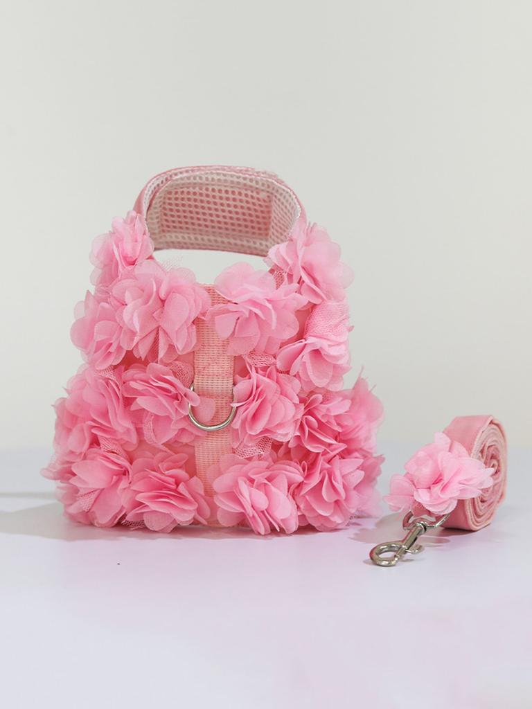 1 Zestaw Urocza Mała Uprząż dla Psa i Zestaw Smyczy Różowa Koronkowa Kwiatowa Uprząż dla Szczeniaka Dziewczynki dla Małych Psów Kotów Miękka Siateczka Mały Rozmiar Psa