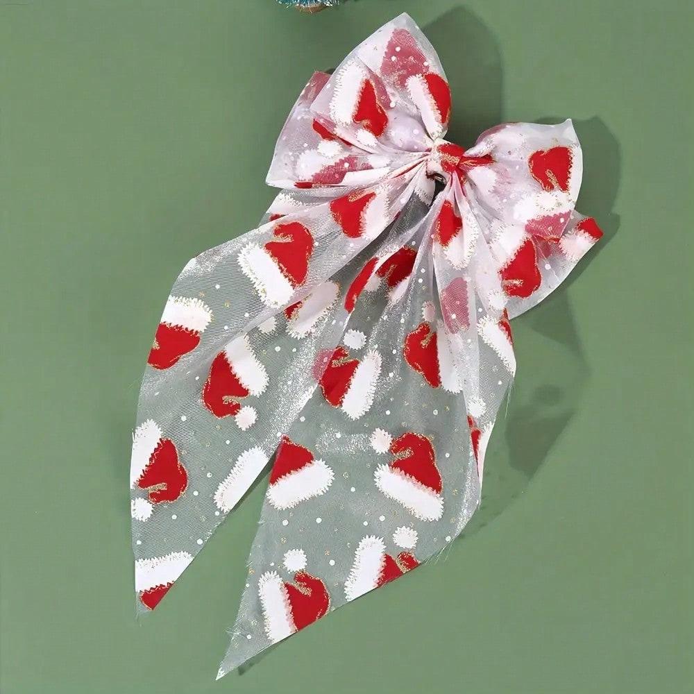 1pcs Christmas Tulle Bow Hair Clips Santa Hat Santa Claus Print Large Mesh Haipins for Women Girl Xmas Headwear Hair Accessories