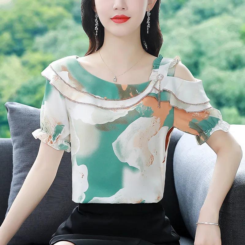 Sommer Neues Koreanisches Stil Chiffon Hemd Kurzärmelige Bluse Bedruckt Mode Locker Blumen Top
