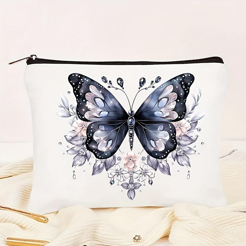 Chic Diamond Butterfly Canvas Makeup Bag - Portable Travel Cosmetic Pouch Perfect