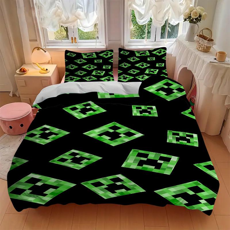 3pcs Minecraft Creeper Face Home Bedding Set-Universal Three-Piece Suit for Bedroom, Guest Room, Living Room, Hotel-Perfect Gift for Fans, T