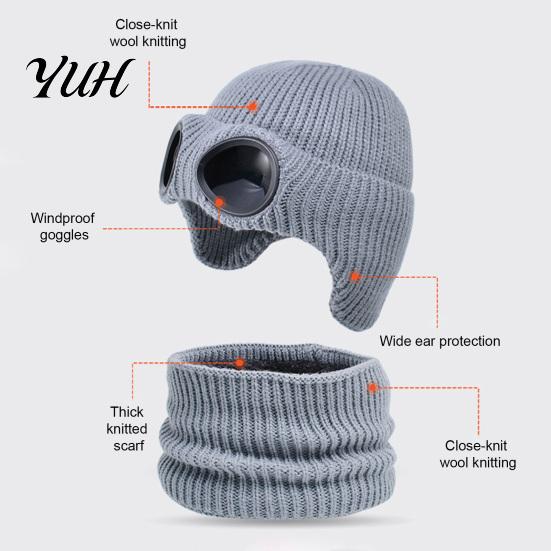 Comfortable Skin Friendly Winter Cap 1 Set Knit Hat Neck Warmer for Kids, Earflap with Goggles, Kids Gift School Travel Fleece Lined Aviator Cap, Warm