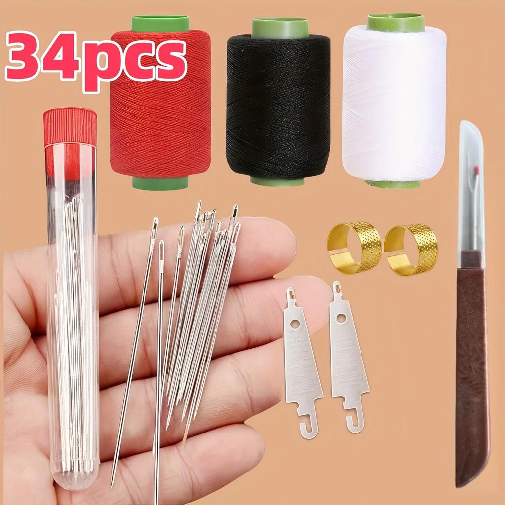 34-Piece Hand Sewing Needle Set: Mattress, Shoe-Making, Hand-Stitched Quilts, Extra-Long, Large-Eye, Curtain, and Thick Needles