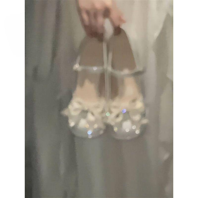 Xiaoxiangfeng Retro Women's Shoes Daughter Gold Bow High Heels Princess Feng Shui Diamond Thick Heel Mary Jane Single Shoes Women