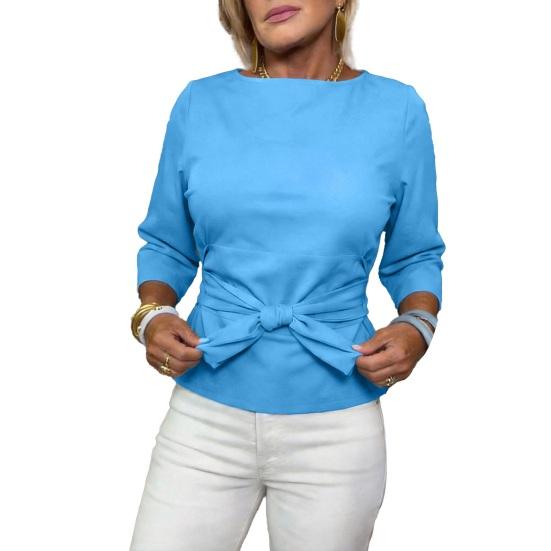 

Women Tops Slim Fit Waist Three-Quarter Sleeve Summer Tops Pure Color Round Neck Front Lace-Up Knot Design Shirt Tops S светло-синий