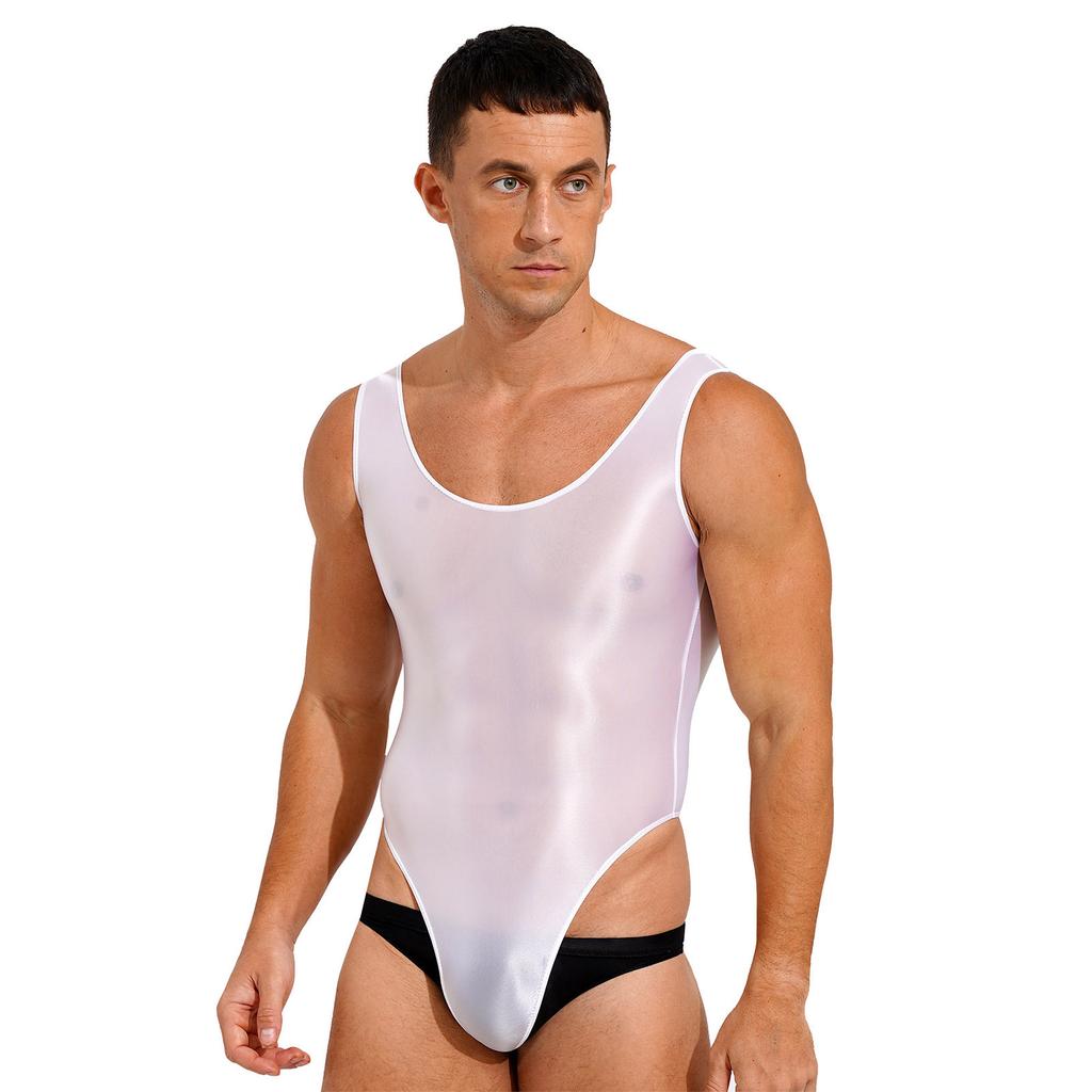 Mens High Cut Sleeveless Bodysuit Glossy Backless Leotard One-Piece Swimsuit Yoga Fitness Swimming Performance Wear