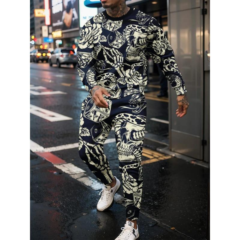 3D Skull Full Print Latest Retro Men Sports Set Personalized Pullover Long Pant Street Youth Fashion Loose High Quality 2PCS Set