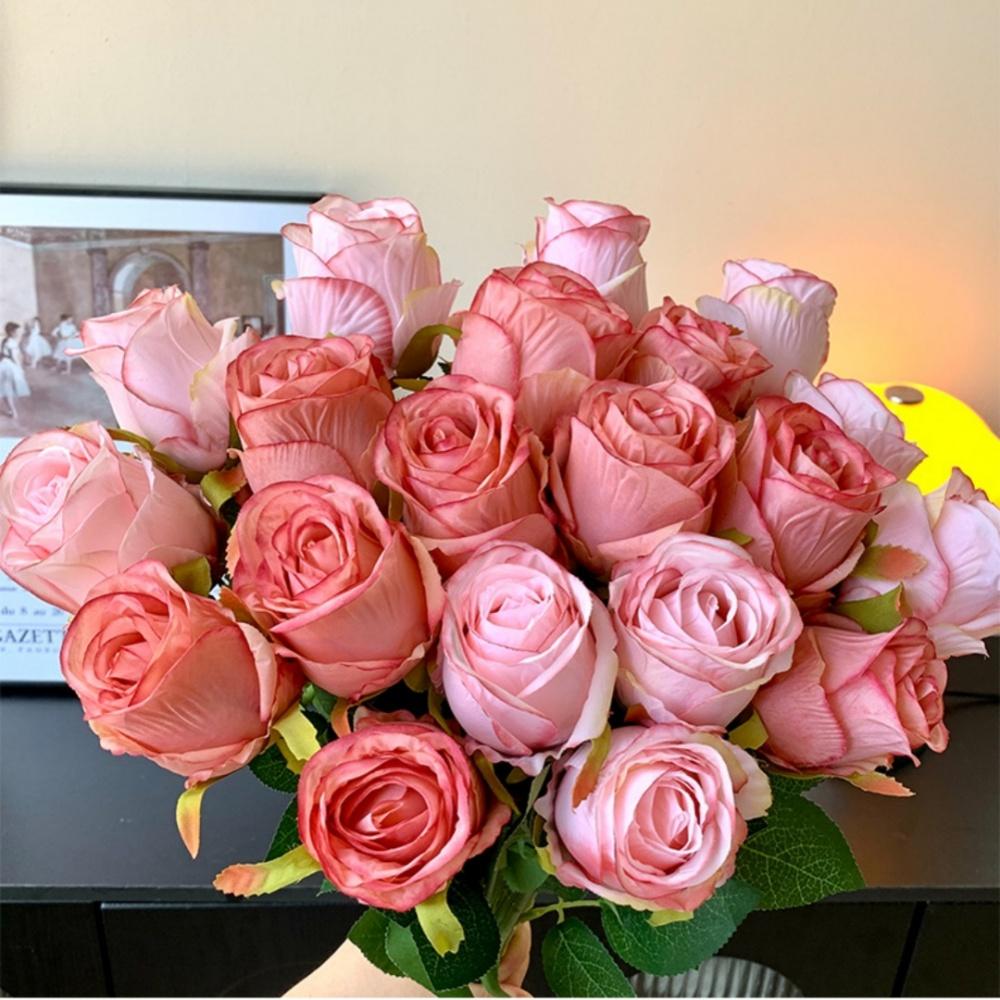 Artificial Pink Rose Flower Valentine's Day Wedding Bridal Photography Props Home Decoration Simulation Silk Rose Bouquet