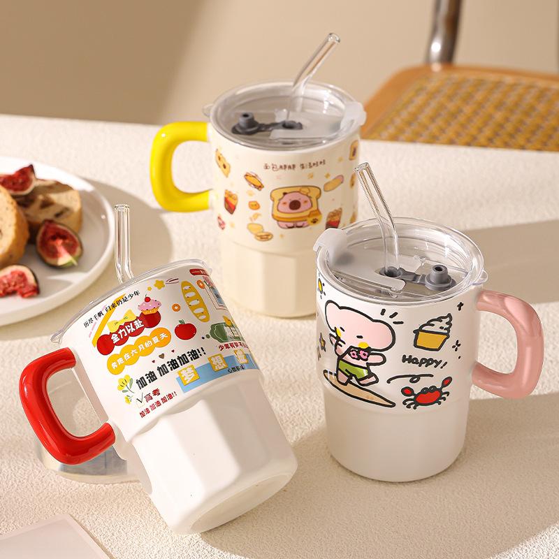 Söt mugg med sugrör, vattenkopp för flickor, mjölkkopp, keramisk hushållsfrukostkopp, kaffekopp, parmugg