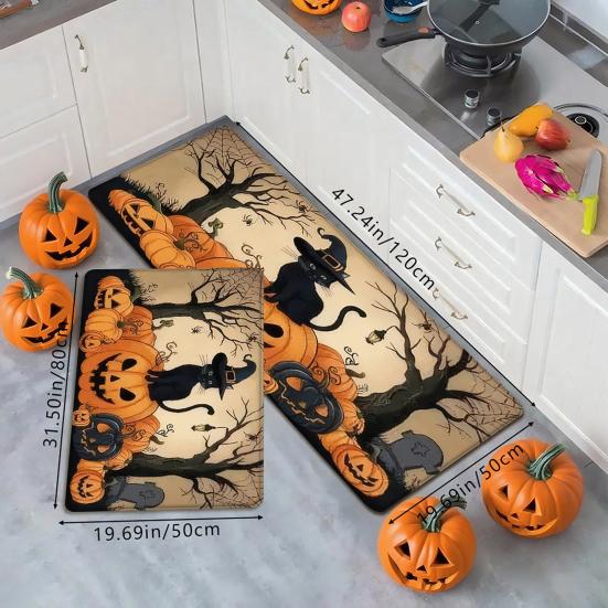 huaqianguhh 2Pcs/Set Halloween Kitchen Rugs, Anti Slip Absorbent Floor Mats, Pumpkin Black Cat Ghost Designs, Decorative Rugs for Living Room Bathroom