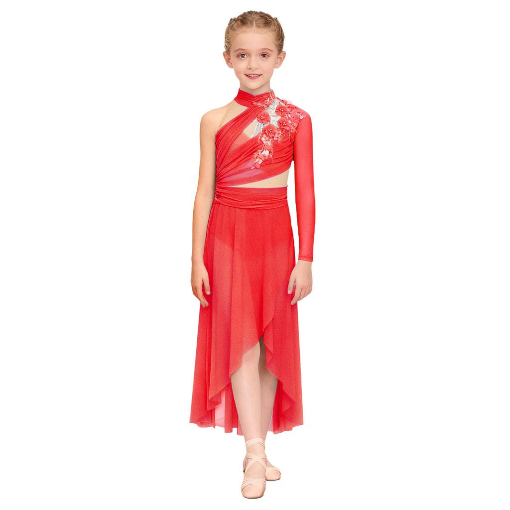 Sukienka do występu tanecznego lirycznego dla dziewczynek: Elegancka aplikacja z tyłem na klucz, rozcięciem z boku i asymetrycznym marszczonym designem z siateczki