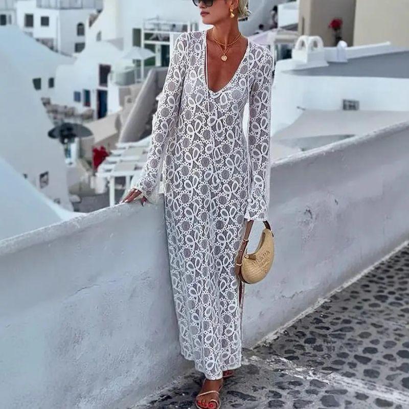 

European and American Spring Long sleeve See-through Lace-up Loose Vacation Split Dress Women Loose Slit Dress White XXL