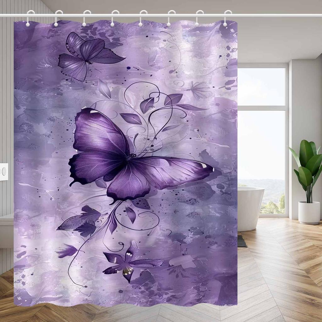 Eleganter Lila Schmetterlingsmuster Duschvorhang, Hochwertige Polyester Badezimmer Dekoration Mit Haken, Maschinenwaschbar, Künstlerisches Design