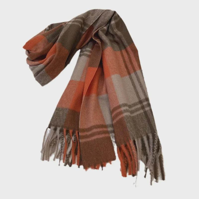 2024 Women's Winter Plaid Tassel Shawl - Korean-Style Thick Warm Imitation Cashmere Scarf for Students and Couples