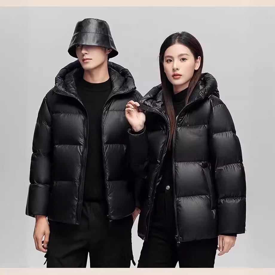Unisex Shiny Short Down Jacket: Off-Season Duck Down, Thick, Loose Fit, Black & Gold, Korean Style, Plus Size