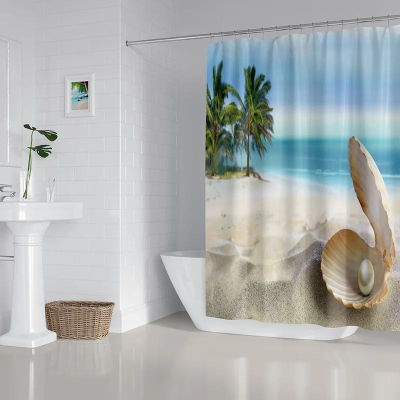 2022 New Shower Curtain Starfish Beach Pattern Bathroom Partition Waterproof  Coconut Sea View Polyester