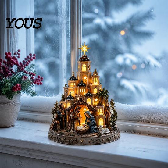 Christmas Mantel Ornament Bethlehem Nativity Church Light Tower, Lighted Village Scene with Star Glowing Religious Table Centerpiece Tower & Figurine,