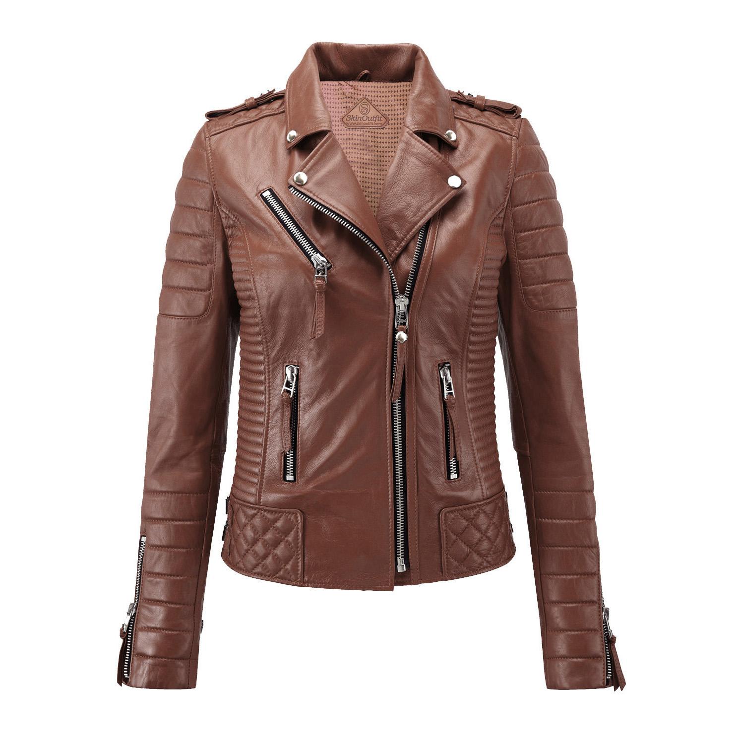 

SKINOUTFIT Women s Motorcycle Leather Jacket Genuine Tan Lambskin Cafe Racer Biker Outerwear M дубильна кора