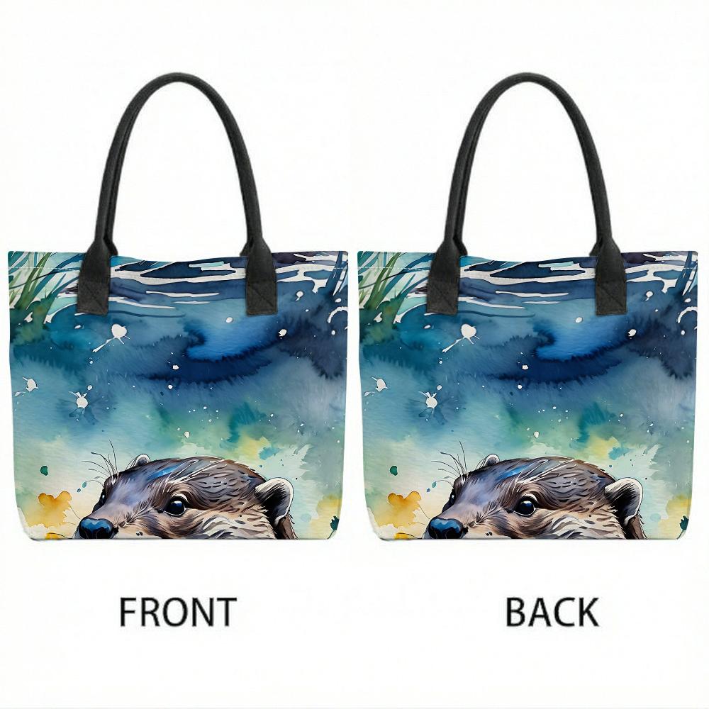 Watercolor Otter Print Canvas Tote Bag Casual Large Capacity Shoulder Handbag for Daily Use