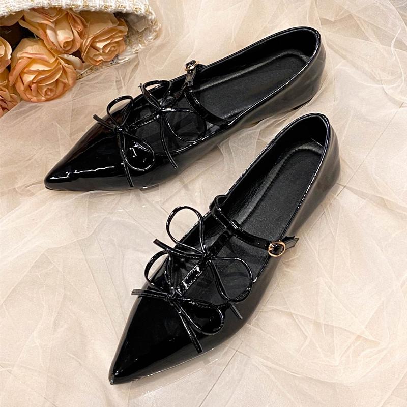 Patent Leather Bowknot Mary Janes Women Flats Pumps Spring Summer Elegant Pointed toe T-Strap Ladies Flats Party Shoes