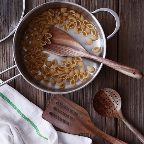 Oikabio Wooden Utensils with Stand, Teak Kitchen Cookware Set, Ideal for Non-Stick Cookware, Wooden Shovel Spoons for Cooking, 5 Pieces