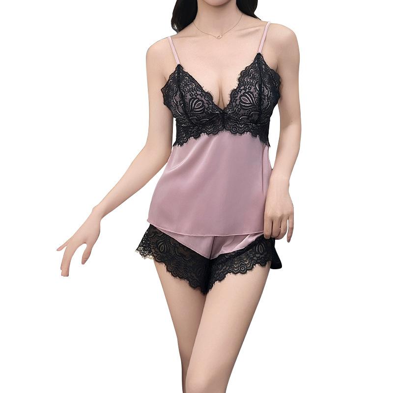 Sexy female ice silk pure desire wind summer suspender shorts with chest pad backless deep V suit set