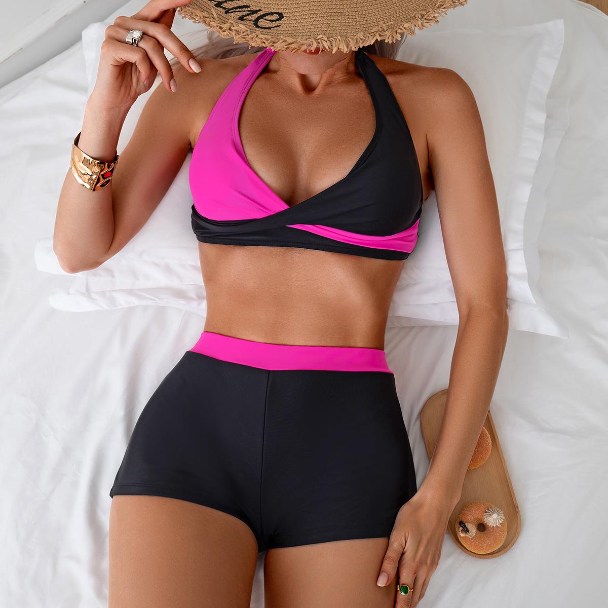 

Women s Solid Color Block Halter Sleeveless Bikini Boyleg Two-Piece Swimsuit Large