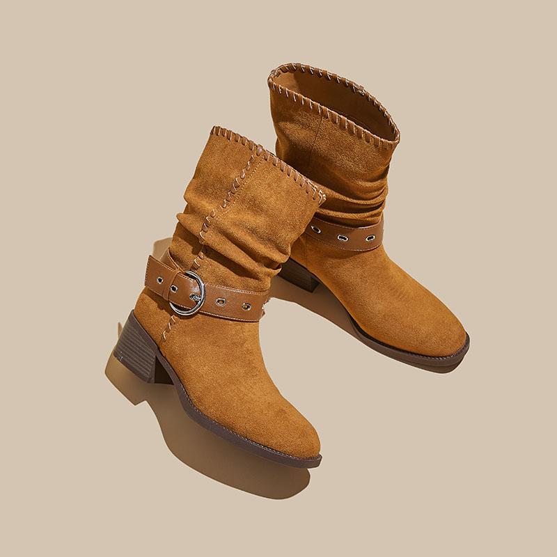 Mode AIYUQI Damen Stiefeletten 2025 Neue Stiefeletten Damen Plissierte Western Cowboy Stiefel weiblich Übergröße Mid-Calf Bikerstiefel