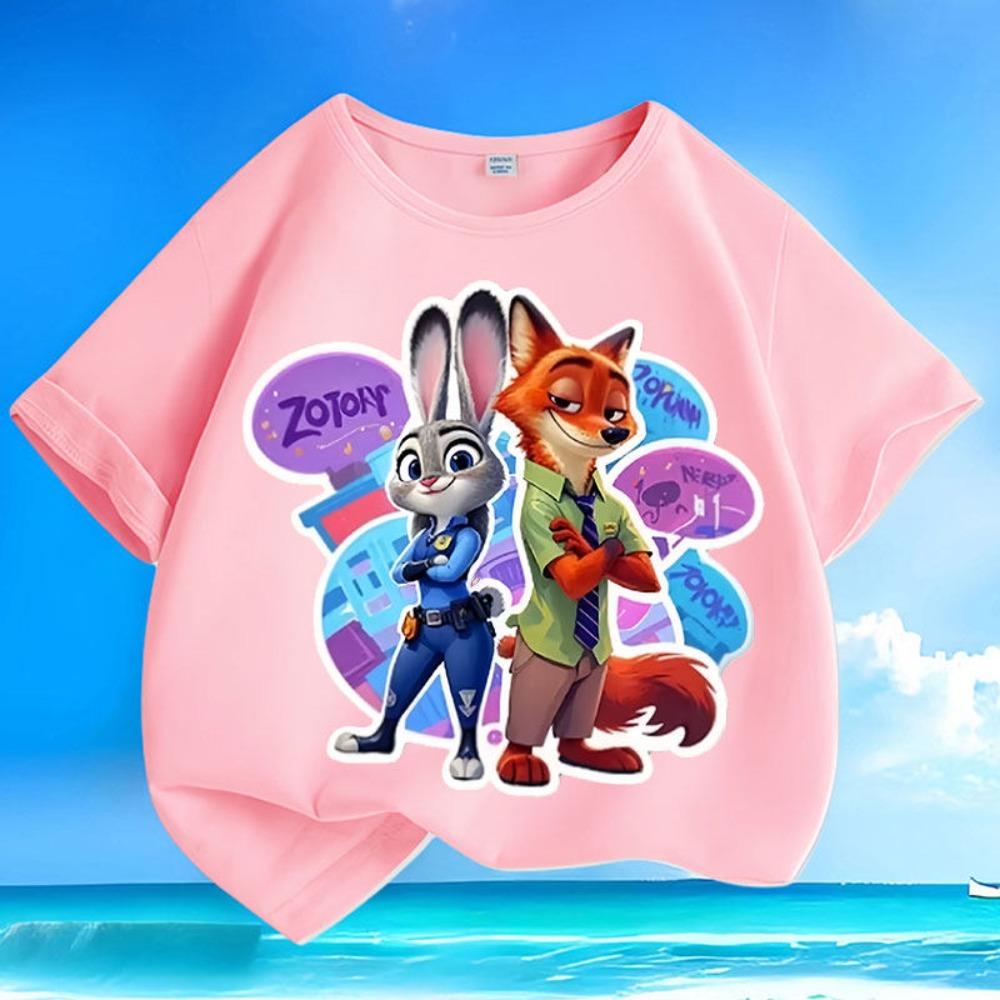 

New Children s T-shirt Crazy Animal City Fox Rabbit Printed Parent Child Wear 2026 Multi Color Short Sleeve 110